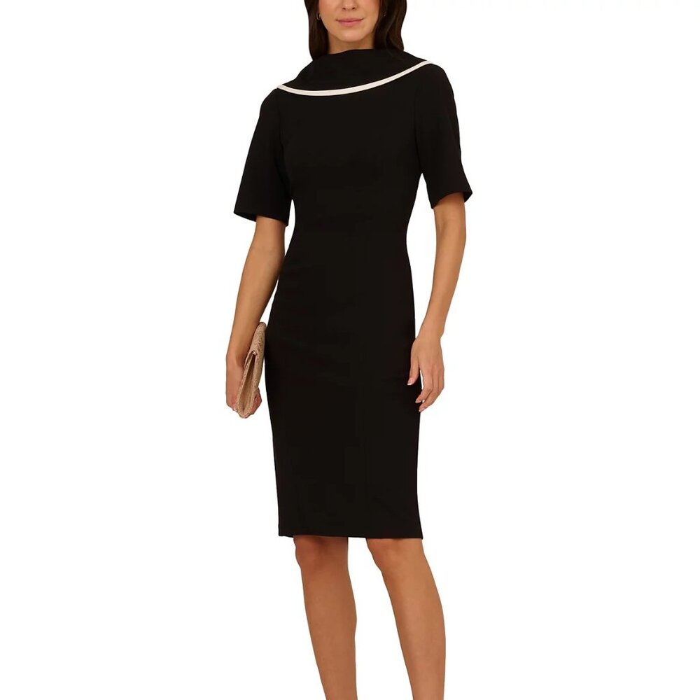 Adrianna Papell Women's Folded-Neck V-Back Sheath Dress Black Ivory Size 2